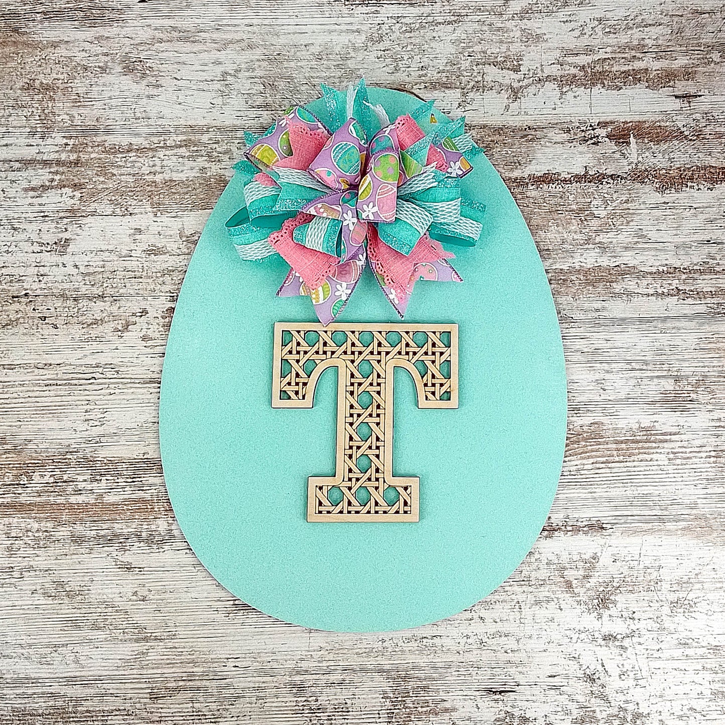 Easter Egg Cane Weave Decor - Wooden Monogram Front Door Hanger - Screen Door Thin with Big Bow