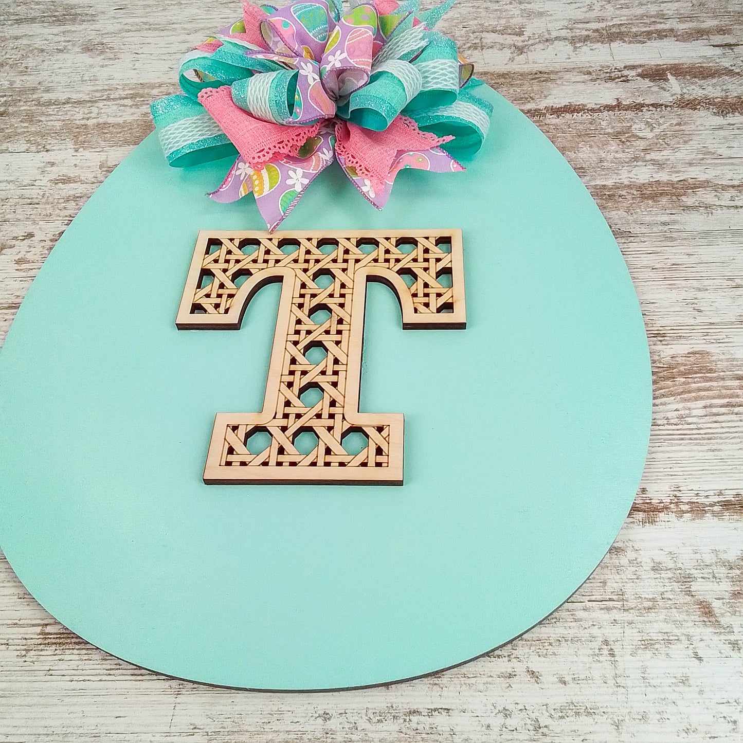 Easter Egg Cane Weave Decor - Wooden Monogram Front Door Hanger - Screen Door Thin with Big Bow