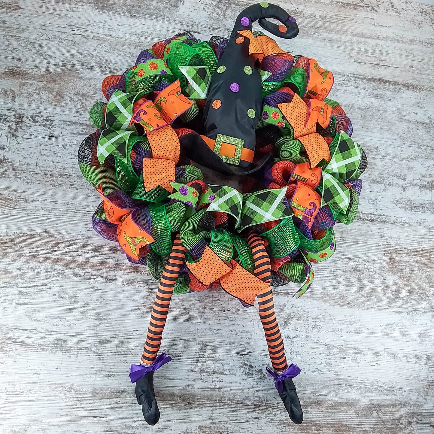 Halloween Witch Wreath | Hat Legs Halloween Front Door Mesh Welcome Wreath; Lime Green Black Orange