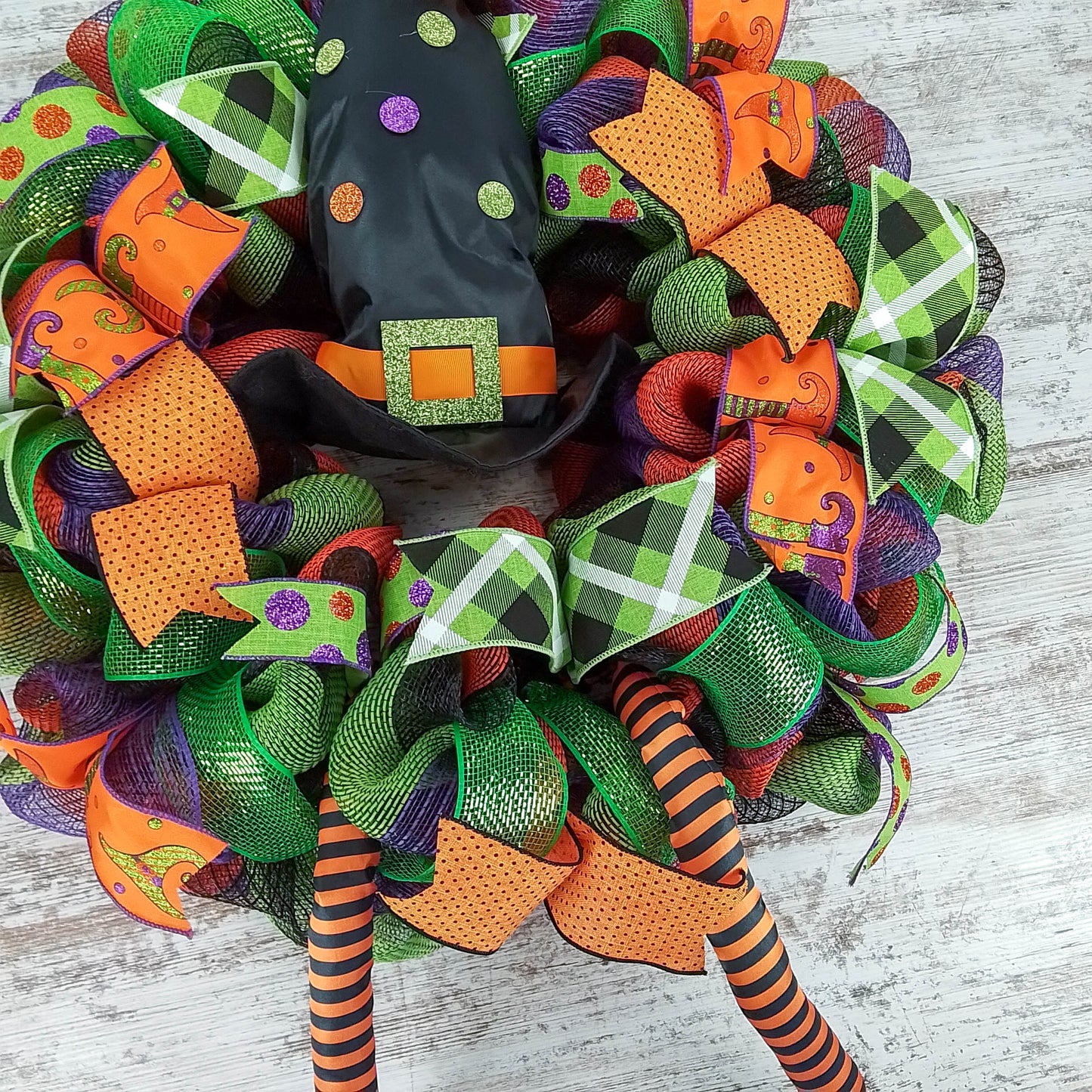 Halloween Witch Wreath | Hat Legs Halloween Front Door Mesh Welcome Wreath; Lime Green Black Orange