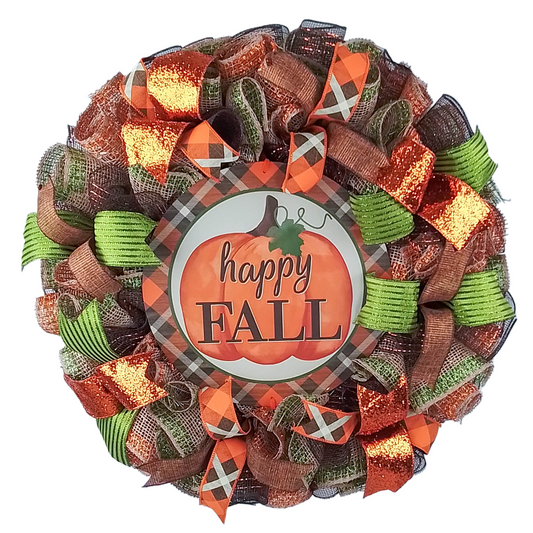 Happy Fall Mesh Front Door Wreath | Thanksgiving Orange Green Brown