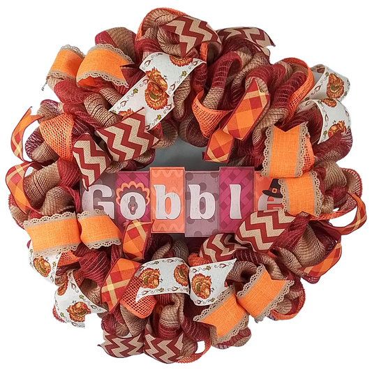 Thanksgiving Turkey Wreath - Gobble Fall Deco Mesh Decor - Brown Orange Mustard Yellow