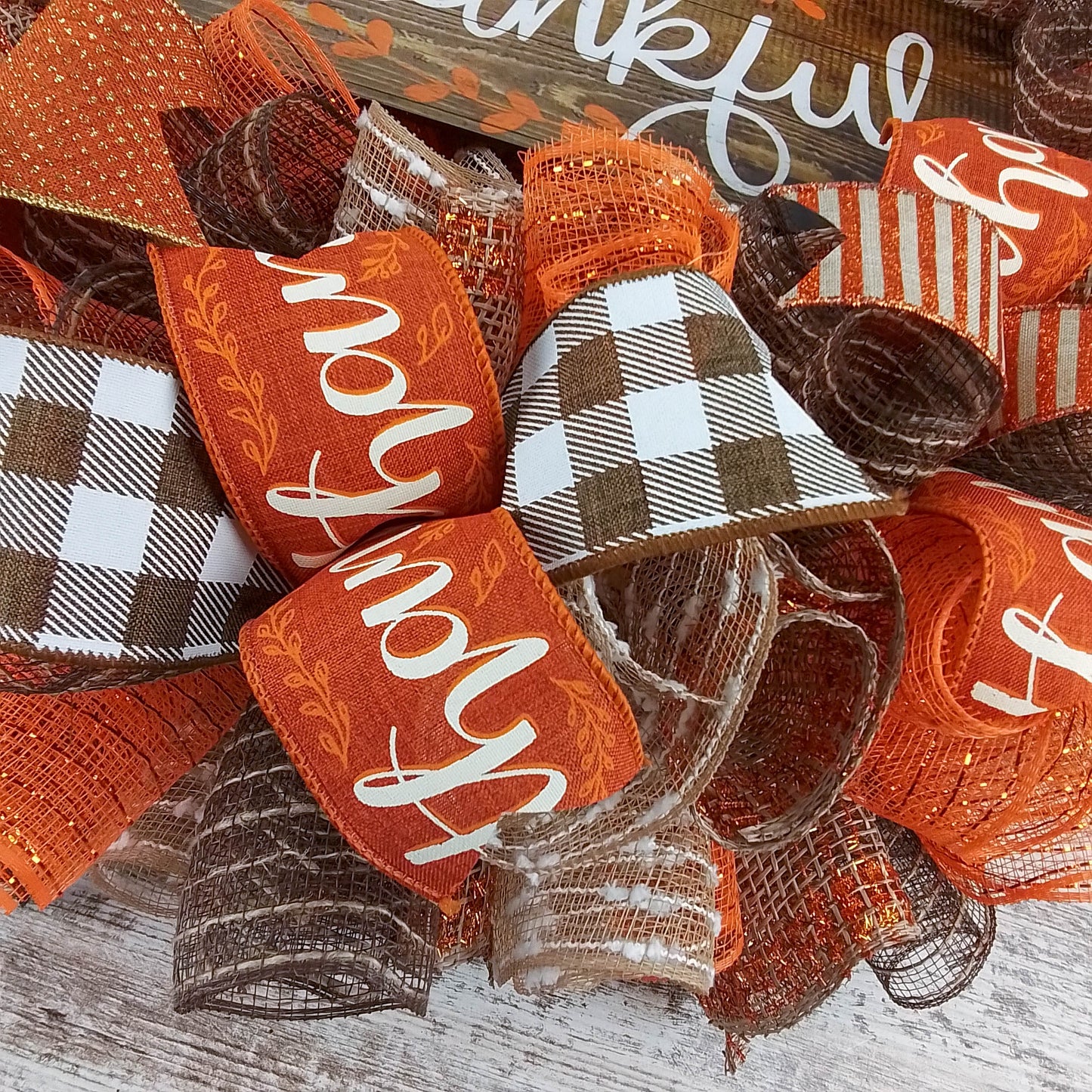 Thankful Buffalo Check Fall Thanksgiving Wreath | Orange White Brown