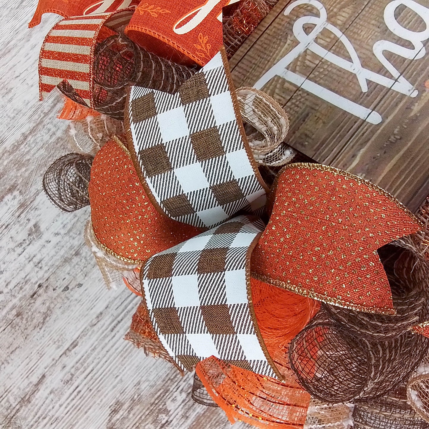 Thankful Buffalo Check Fall Thanksgiving Wreath | Orange White Brown