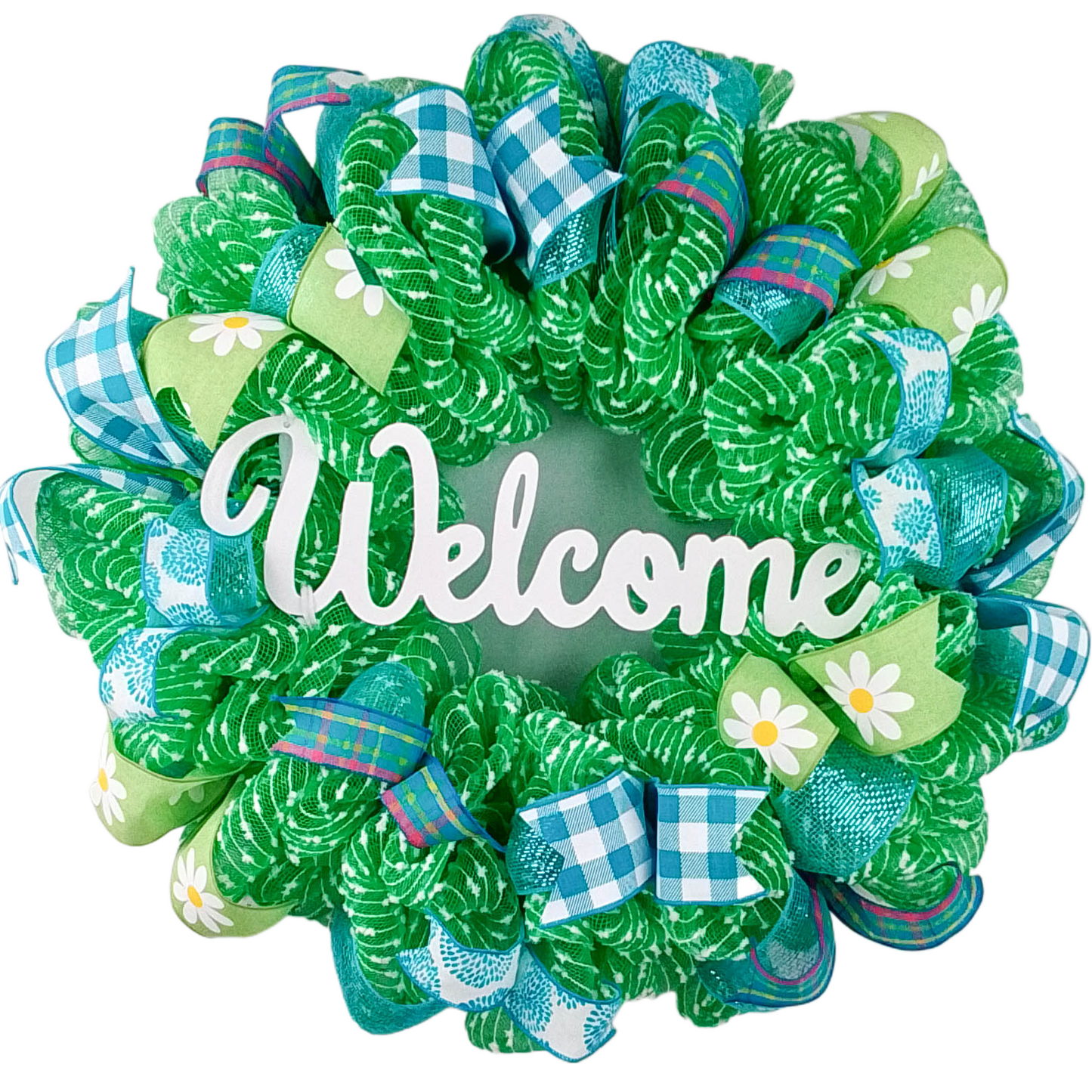 Home Sweet Home Everyday Deco Mesh Door Wreath - Lime Green White Turquoise