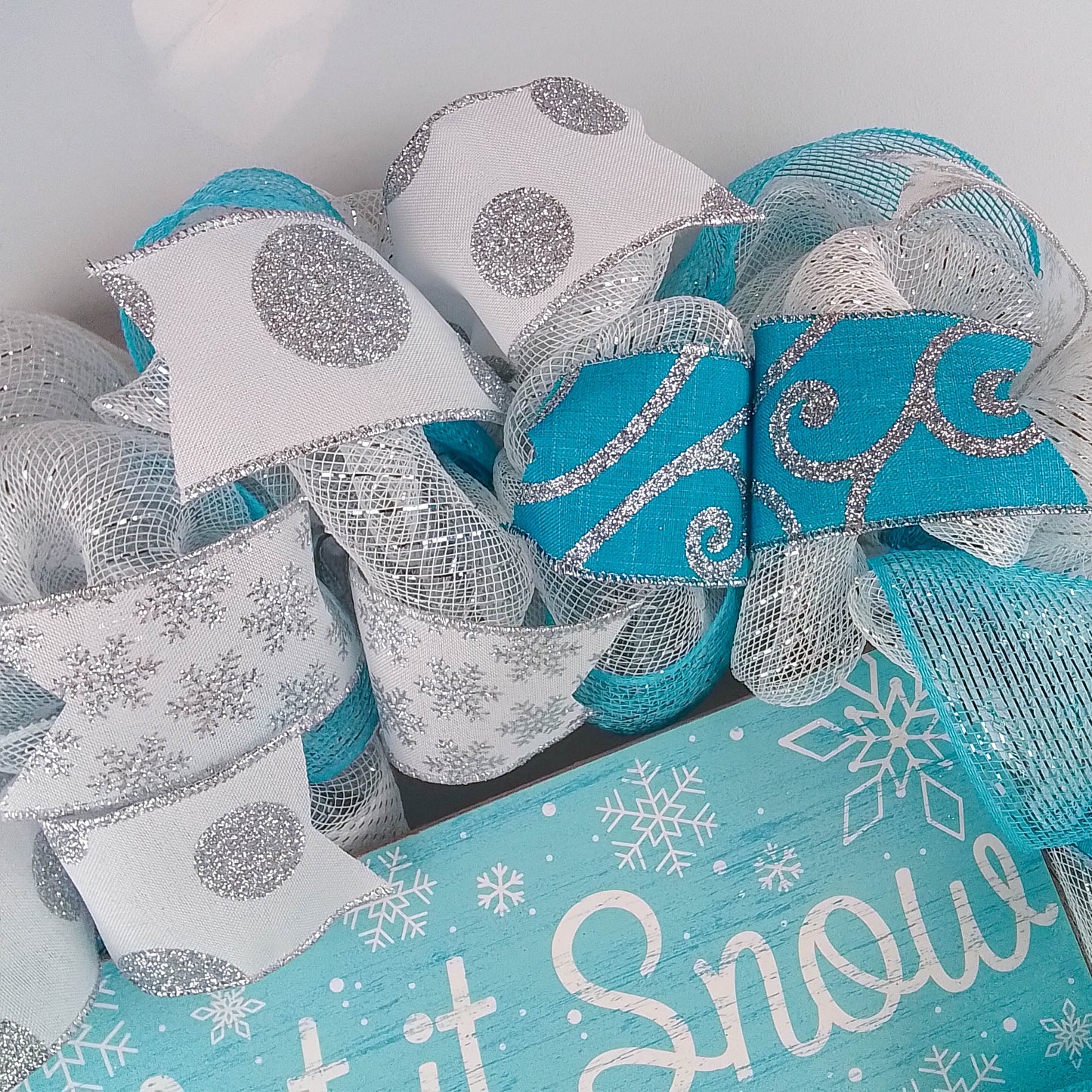 Let It Snow Somewhere Else Wreath - Winter Christmas Mesh Front Door Wreath - White Blue