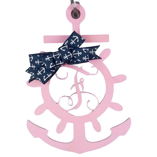 Nautical Theme Door Hanger, Pink Birch Wood Anchor, Navy Blue Ribbon Bow Decor