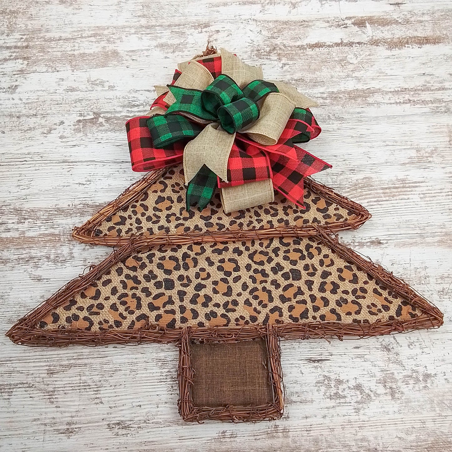 Christmas Tree Animal Print Winter Grapevine Wreath - Christmas Door Hanger Oversized Bow Jute Burlap Door Decor ; Black Brown Red