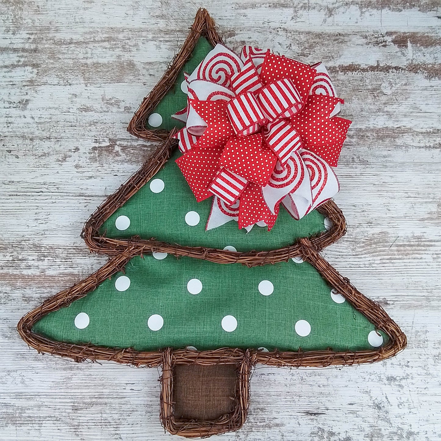 Christmas Tree Polka Dot Winter Grapevine Wreath - Christmas Door Hanger Oversized Bow Jute Burlap Door Decor ; Moss Green Red White Candy Cane