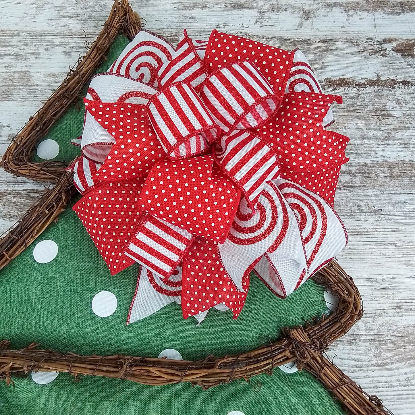 Christmas Tree Polka Dot Winter Grapevine Wreath - Christmas Door Hanger Oversized Bow Jute Burlap Door Decor ; Moss Green Red White Candy Cane