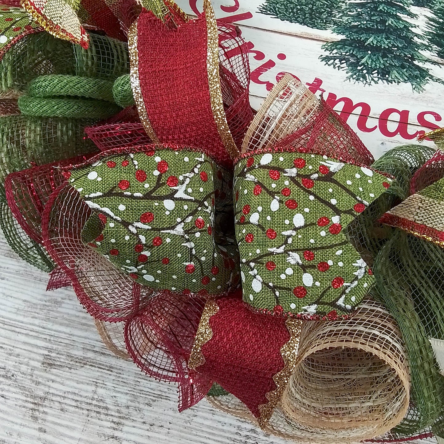 Merry Christmas Wreaths - Mesh Front Door Wreath - Xmas Farm Fresh Trees Rustic Holly Jute Door Decoration - Red Green Burlap Beige Ivory