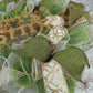 Gold, Cream Ivory, and Moss Apple Green Outdoor Christmas Wreath with Burlap and White Accents for Front Door