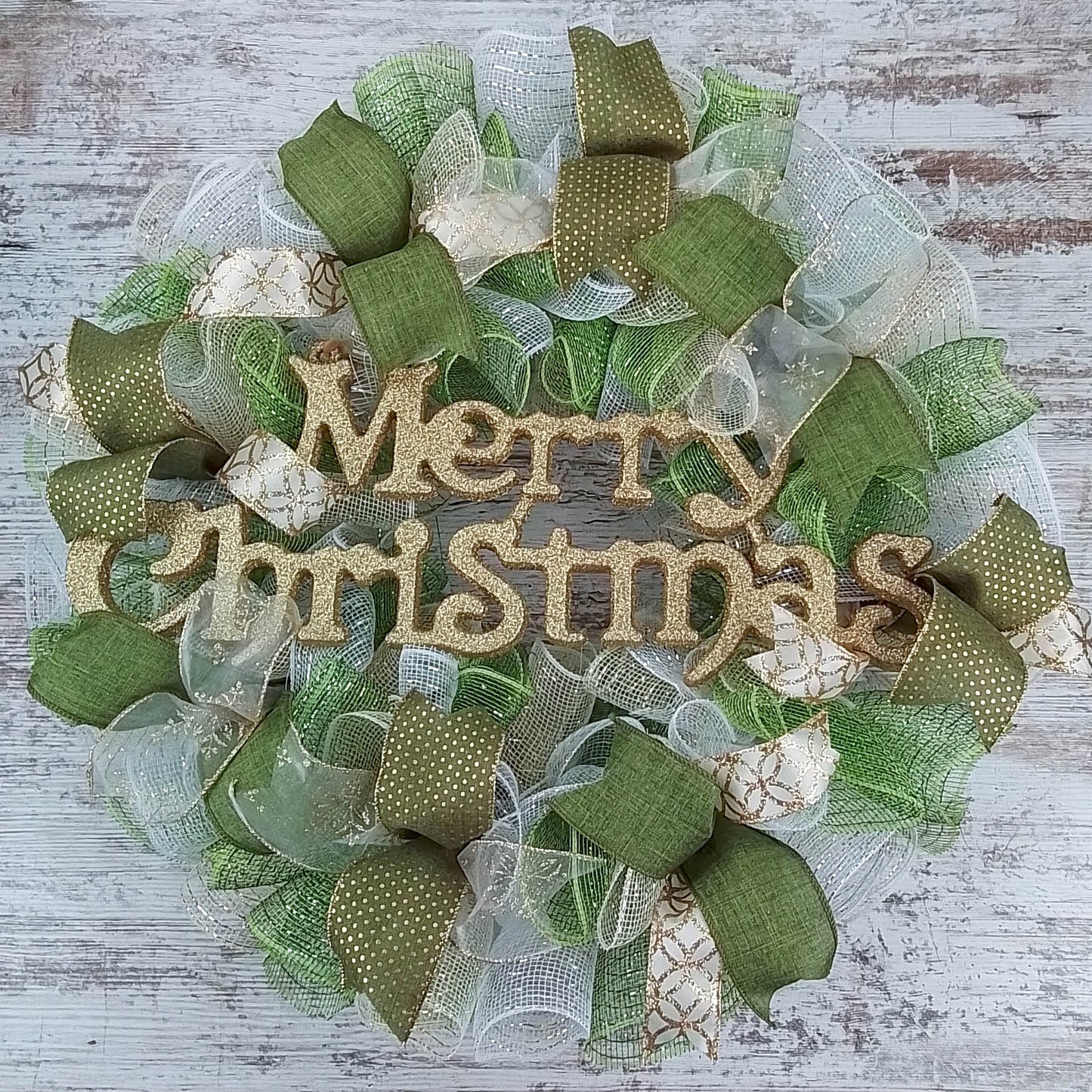 Gold, Cream Ivory, and Moss Apple Green Outdoor Christmas Wreath with Burlap and White Accents for Front Door