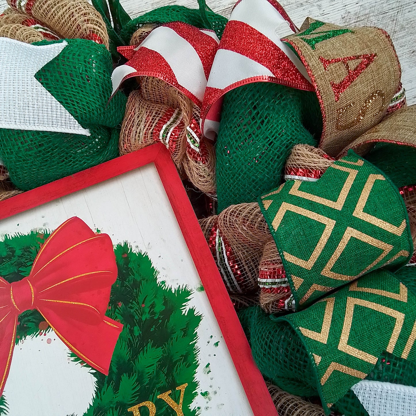 Merry Christmas Wreath - Xmas Holiday Decoration Front Door Wreaths - Jute Emerald Burlap Gold Glitter