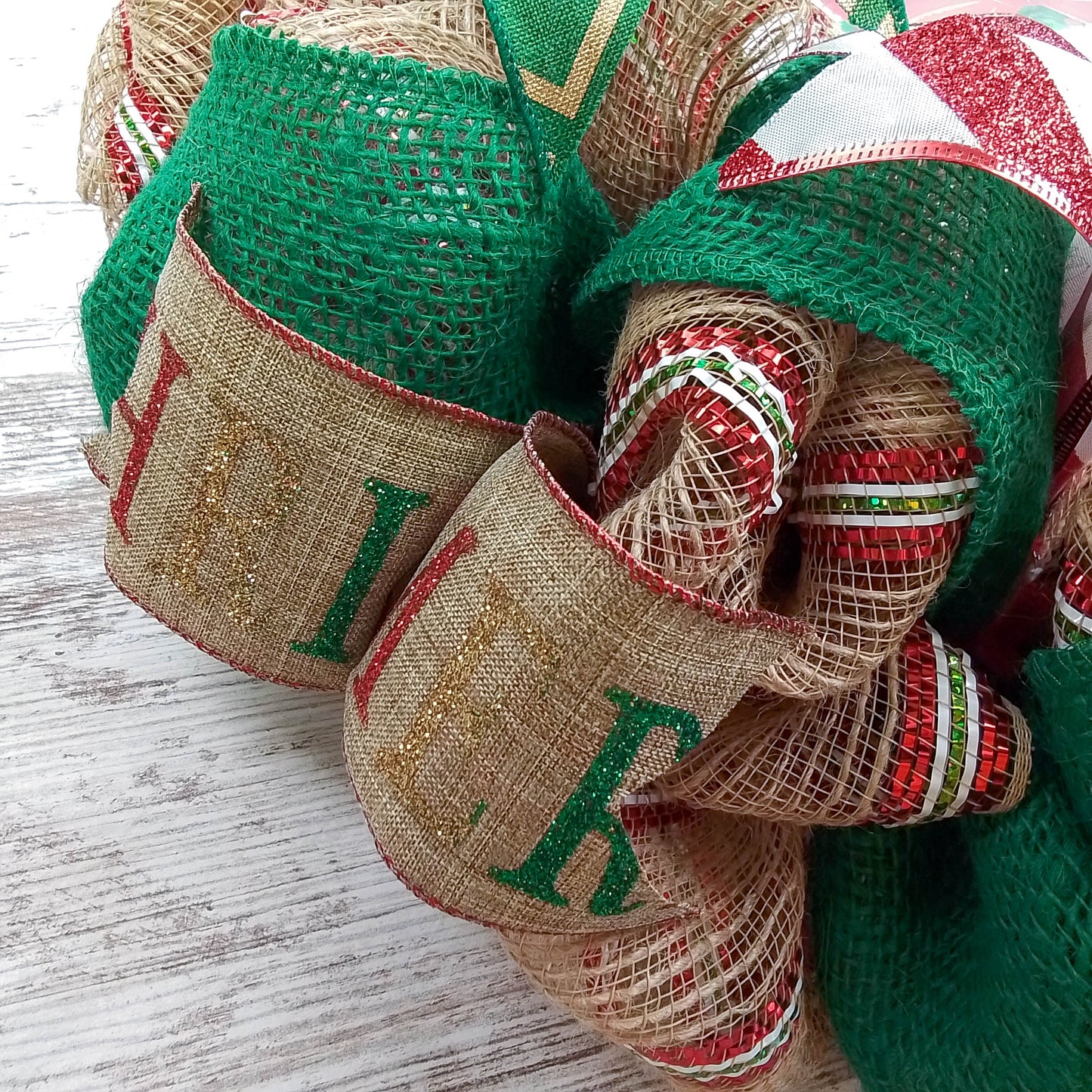 Merry Christmas Wreath - Xmas Holiday Decoration Front Door Wreaths - Jute Emerald Burlap Gold Glitter