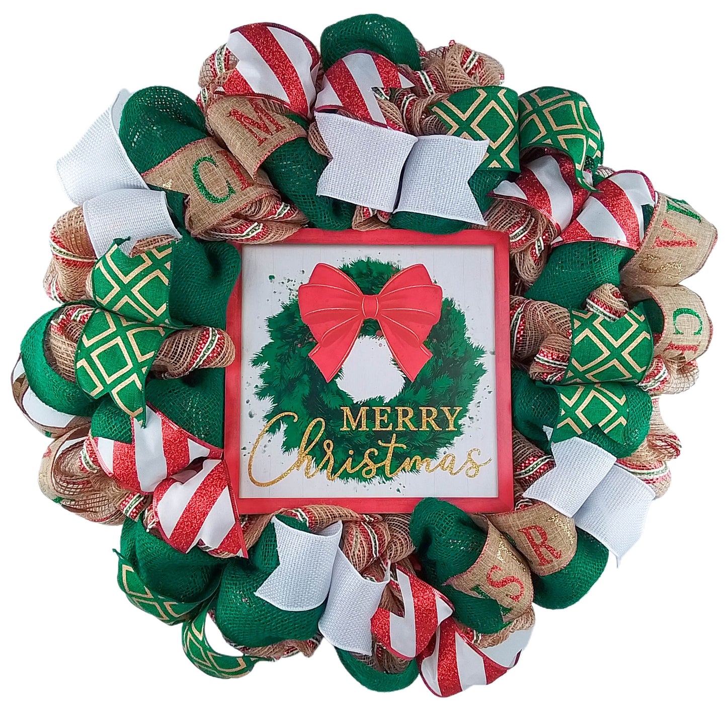 Merry Christmas Wreath - Xmas Holiday Decoration Front Door Wreaths - Jute Emerald Burlap Gold Glitter