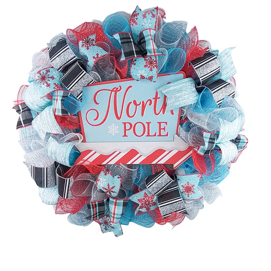 Santa Claus North Pole Wreaths - Non Traditional Wreath Ideas - Christmas Mesh Outdoor Front Door Decor - White Red Turquoise Black Silver Xmas