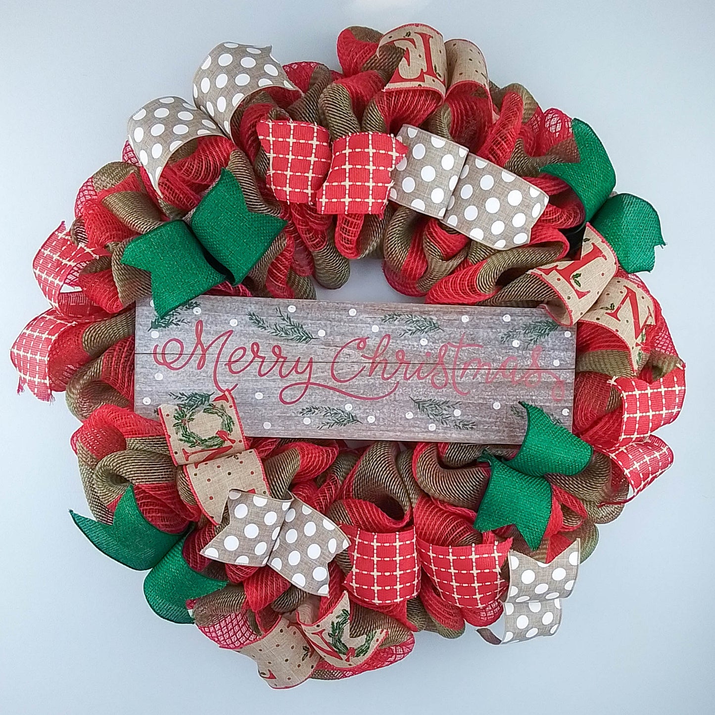 Merry Christmas Wreath | Rustic Christmas Wreath | Outdoor Front Door Wreath | Red Jute Green