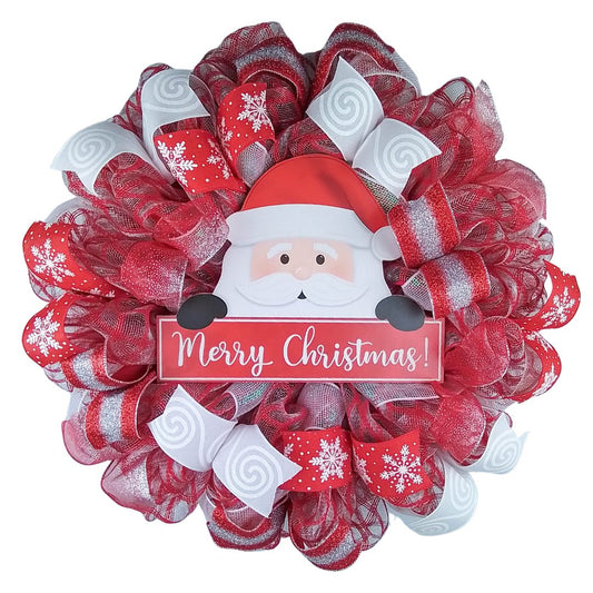 Santa Claus Peeking Merry Christmas Front Door Wreath - Red White Candy Cane Outside Decoration - Red White