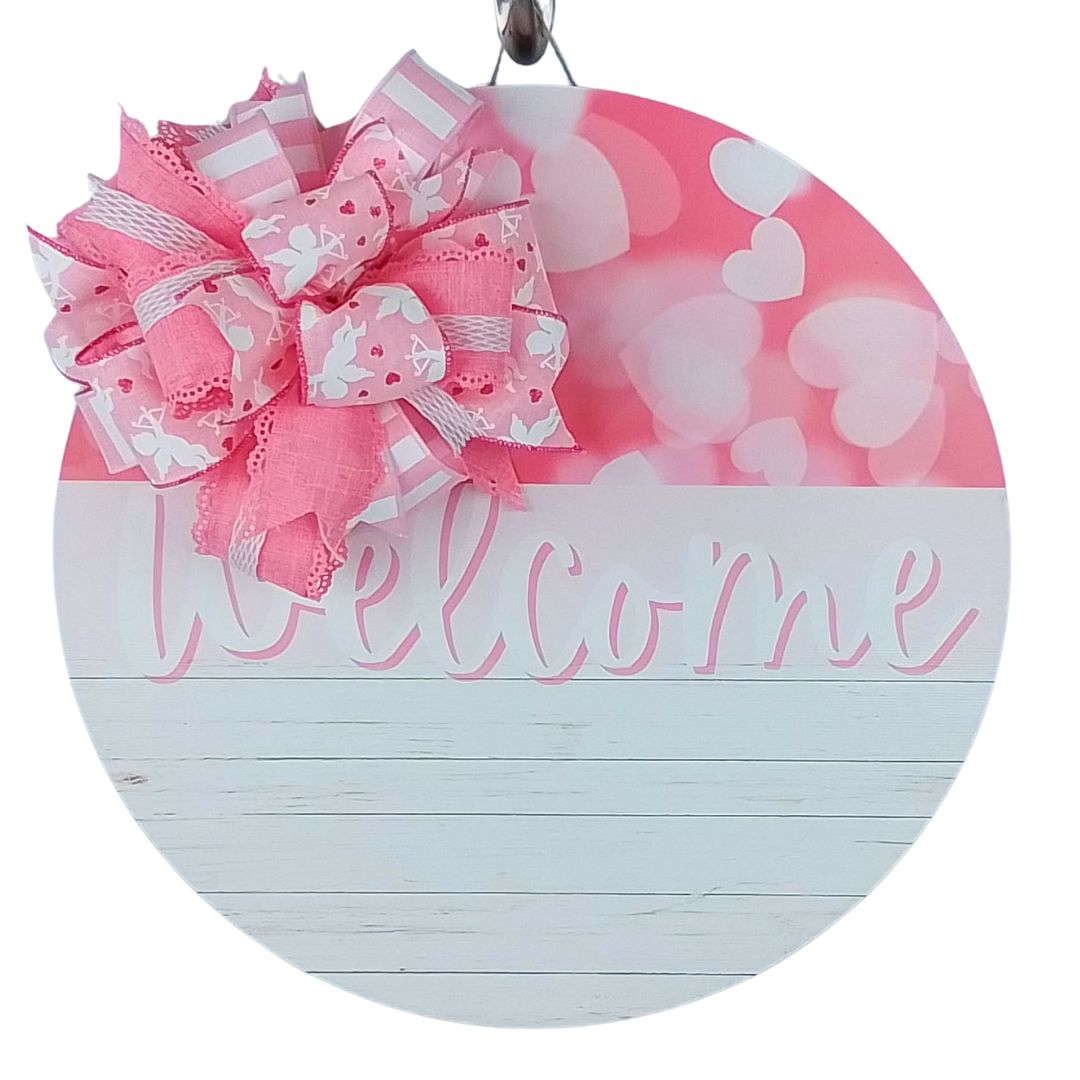 Round Wooden Door Hanger, Welcome Sign with Ribbon Decoration, Pink Gradient Design