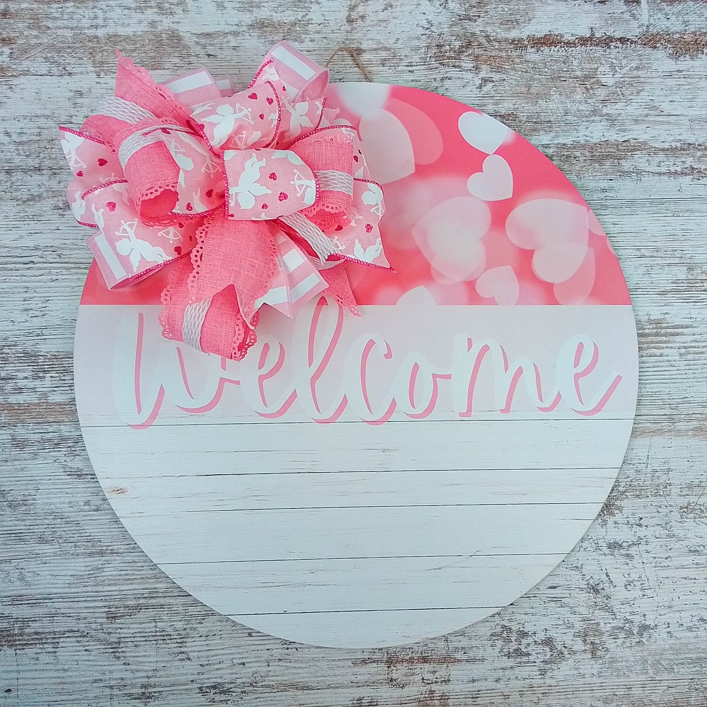 Round Wooden Door Hanger, Welcome Sign with Ribbon Decoration, Pink Gradient Design