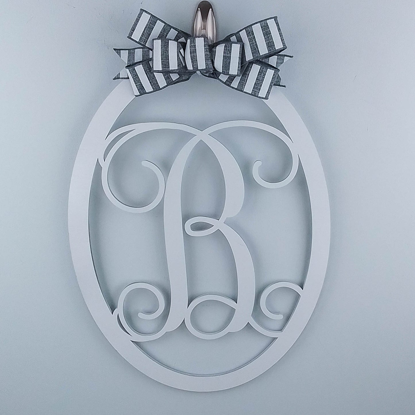 Oval Monogram Door Hanger | Black Vintage Mother's Day Gift | Personalize Me! | Stripe Bow Decor