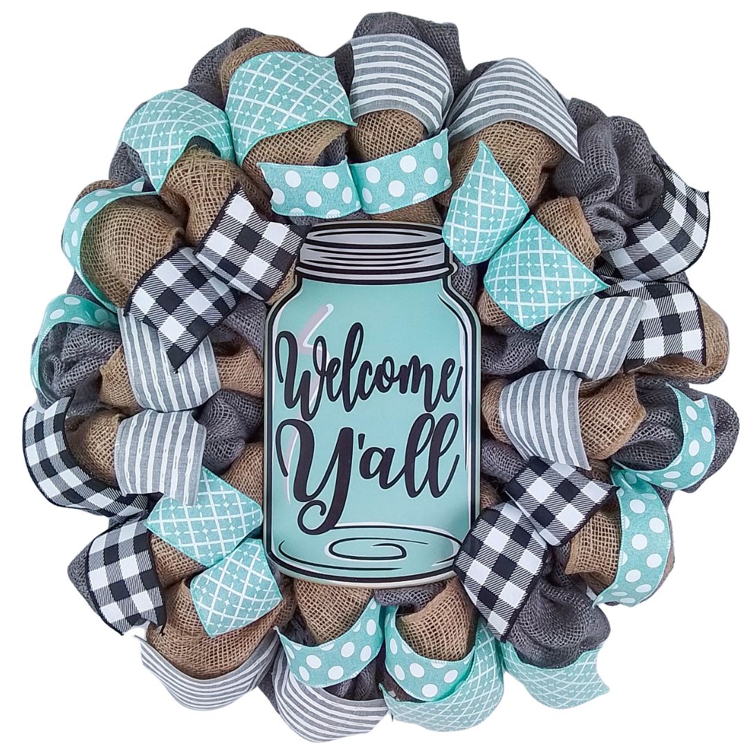 Welcome Y'all Mason Jar Wreath | Grey Burlap Spring Decor | Wedding Gift | Mint Black White