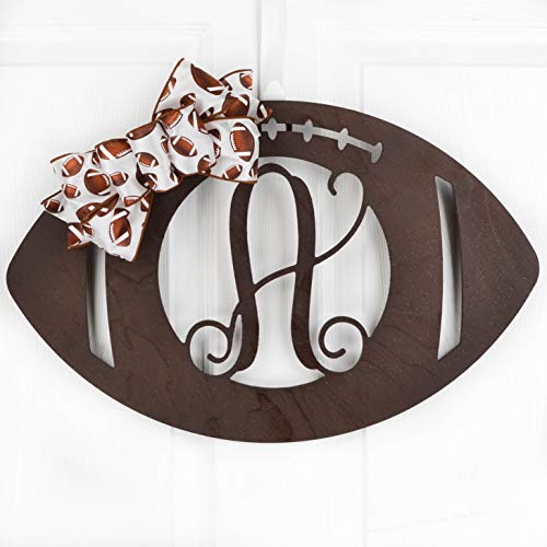 Wooden Sports Football Monogram Initial Letter Outdoor Front Door Hanger with Bow