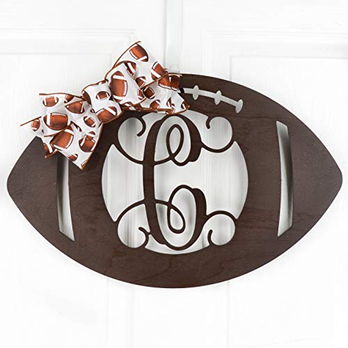 Wooden Sports Football Monogram Initial Letter Outdoor Front Door Hanger with Bow