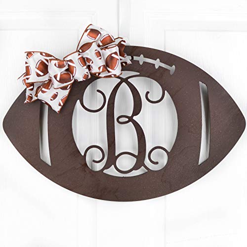 Wooden Sports Football Monogram Initial Letter Outdoor Front Door Hanger with Bow