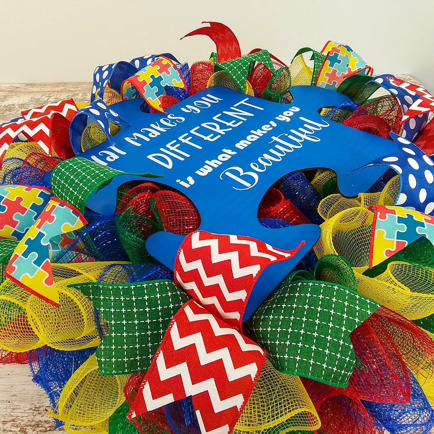 Autism Awareness Door Wreath - What Makes You Different Makes You Beautiful Puzzle Piece Door Decor - Blue Red Yellow Green Turquoise - Pink Door Wreaths