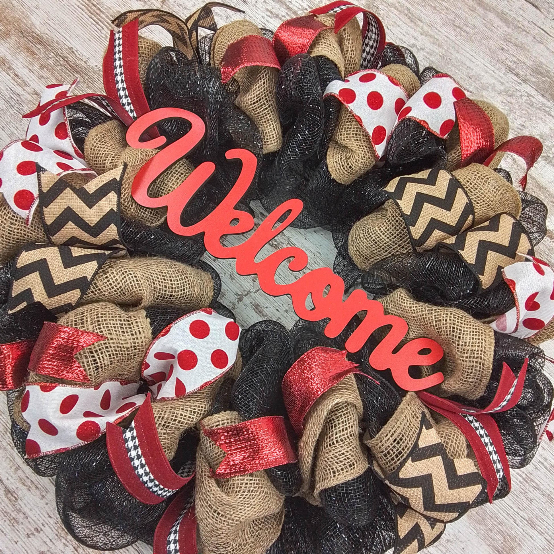 Black Red Burlap Welcome Mesh Outdoor Front Door Wreath - White Chevron - Pink Door Wreaths