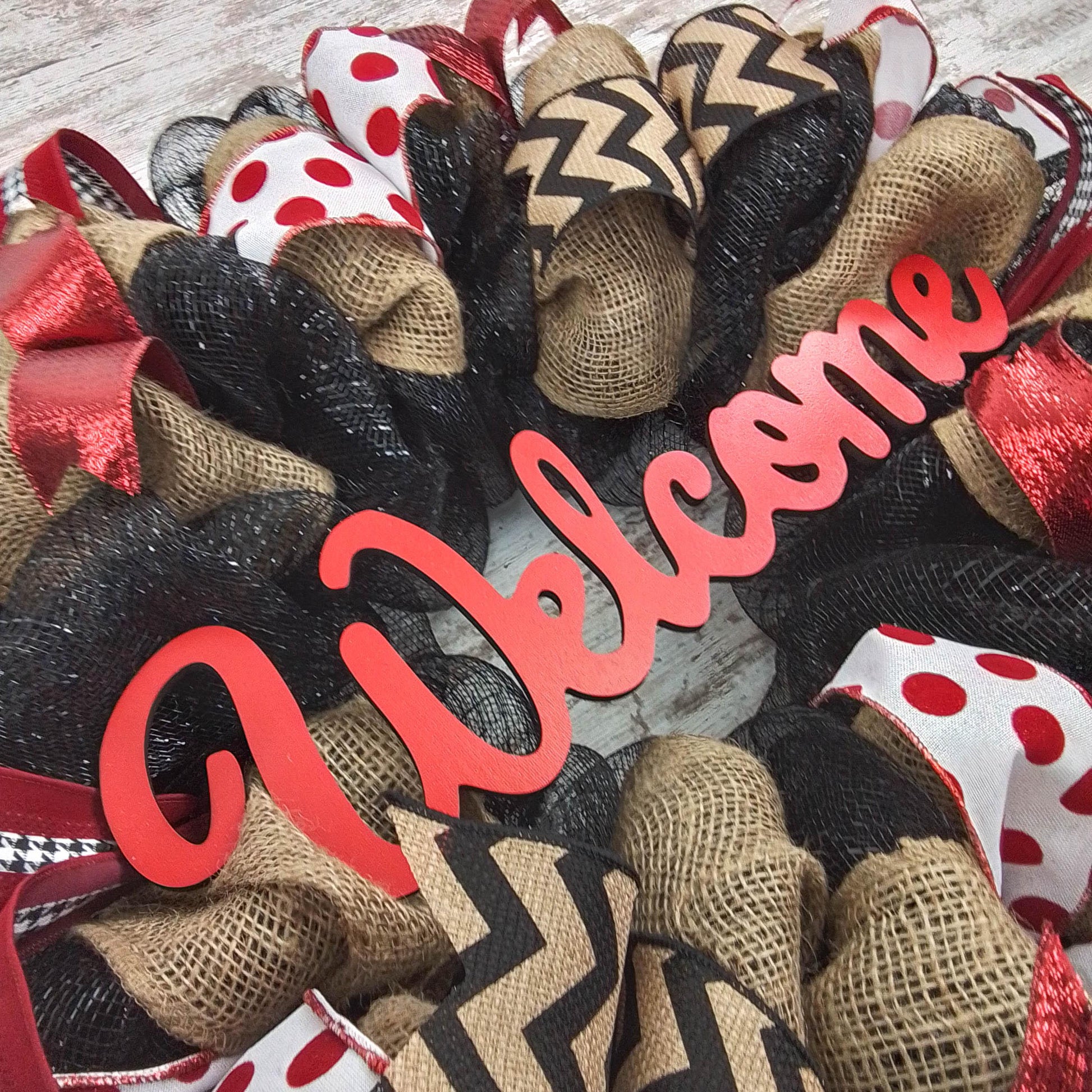 Black Red Burlap Welcome Mesh Outdoor Front Door Wreath - White Chevron - Pink Door Wreaths