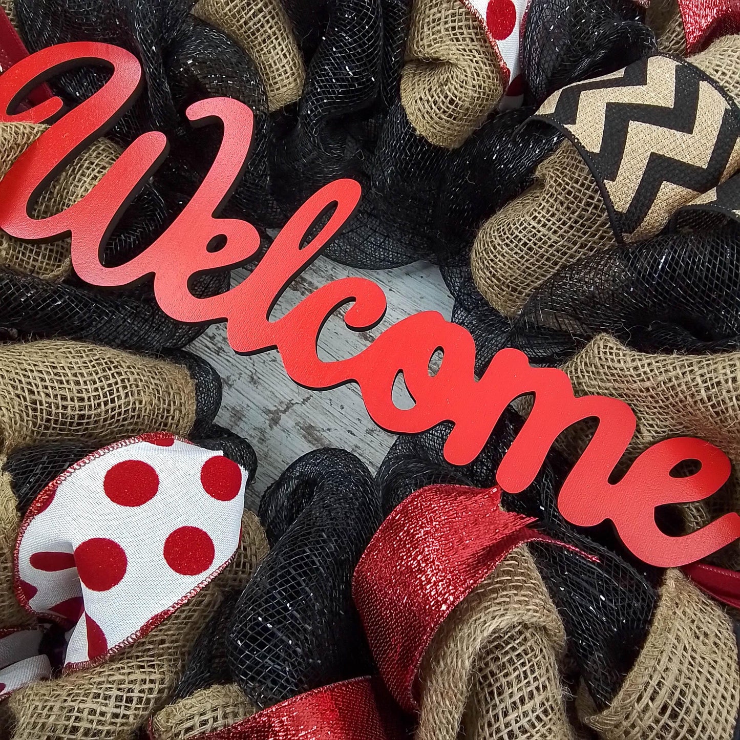 Black Red Burlap Welcome Mesh Outdoor Front Door Wreath - White Chevron - Pink Door Wreaths