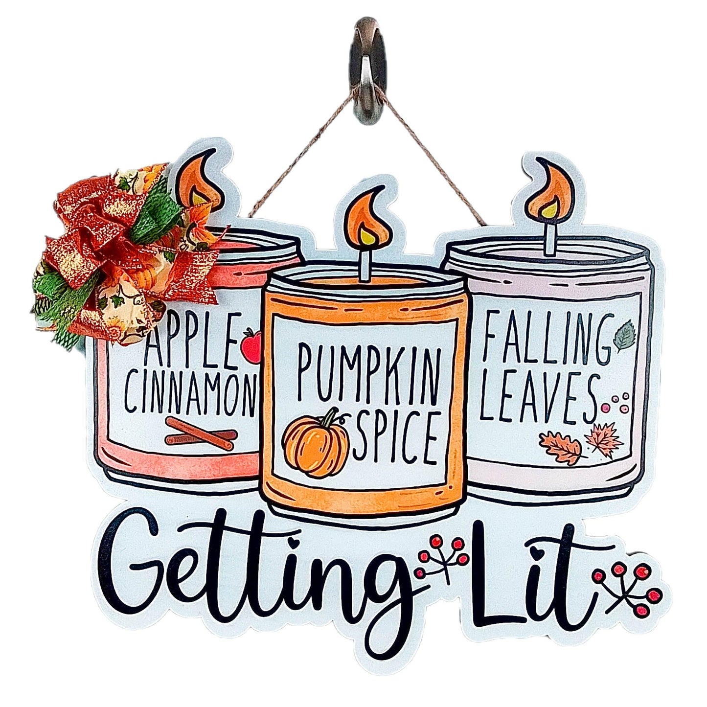 Fall Getting Lit Candle Hanger - Falling Leaves Pumpkin Spice Bow Door Decor; Rust Orange Moss Green - Pink Door Wreaths