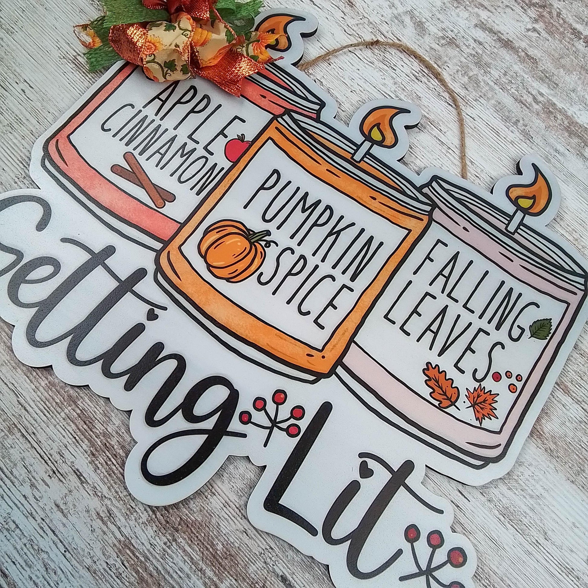 Fall Getting Lit Candle Hanger - Falling Leaves Pumpkin Spice Bow Door Decor; Rust Orange Moss Green - Pink Door Wreaths