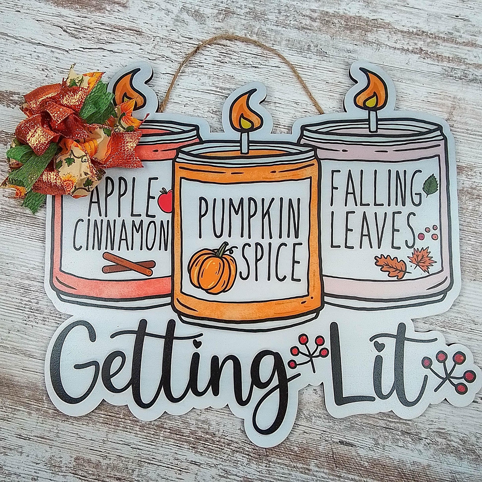 Fall Getting Lit Candle Hanger - Falling Leaves Pumpkin Spice Bow Door Decor; Rust Orange Moss Green - Pink Door Wreaths