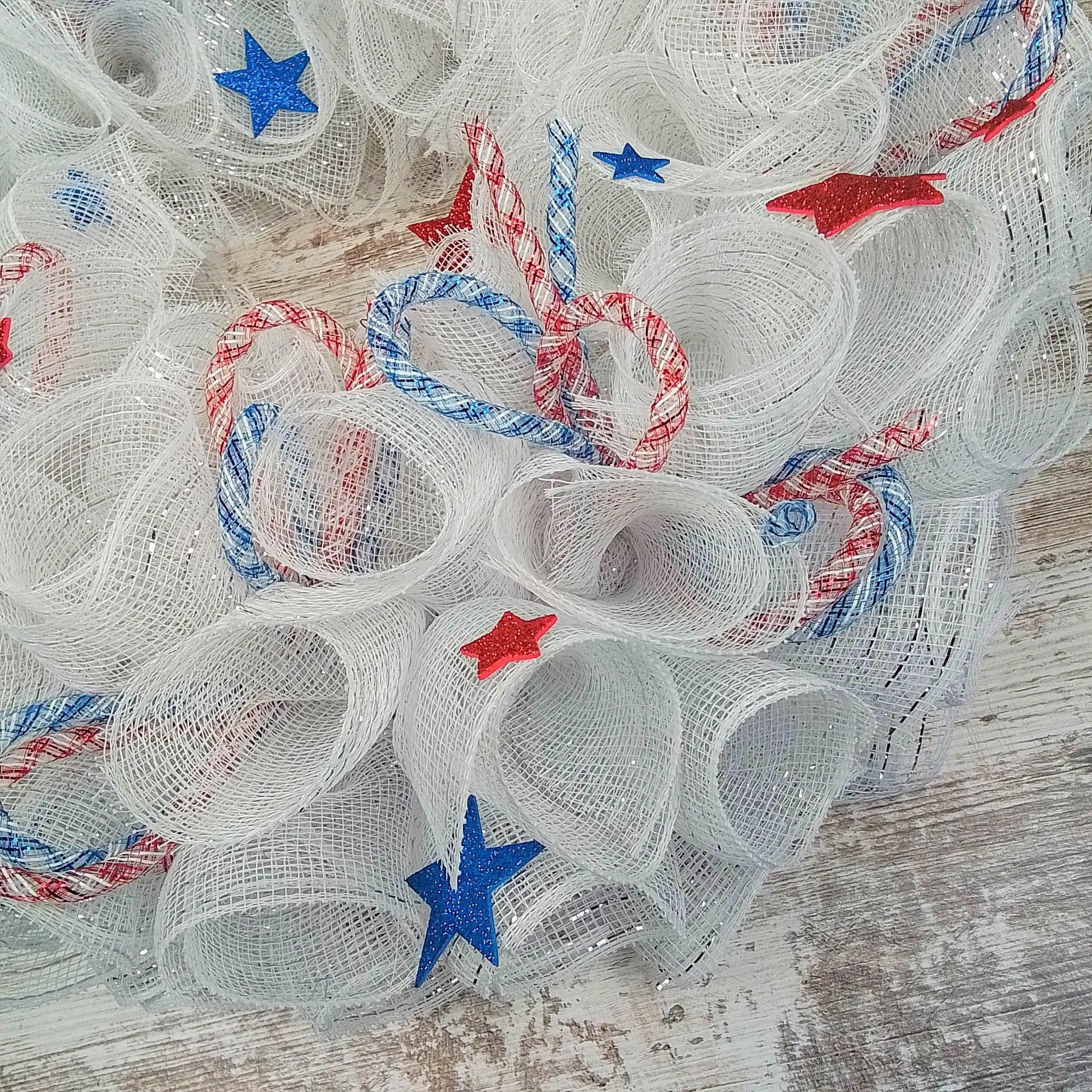 Flag American Fourth of July Independence Day Mesh Door Wreath - Red White Royal Blue Stars - Pink Door Wreaths