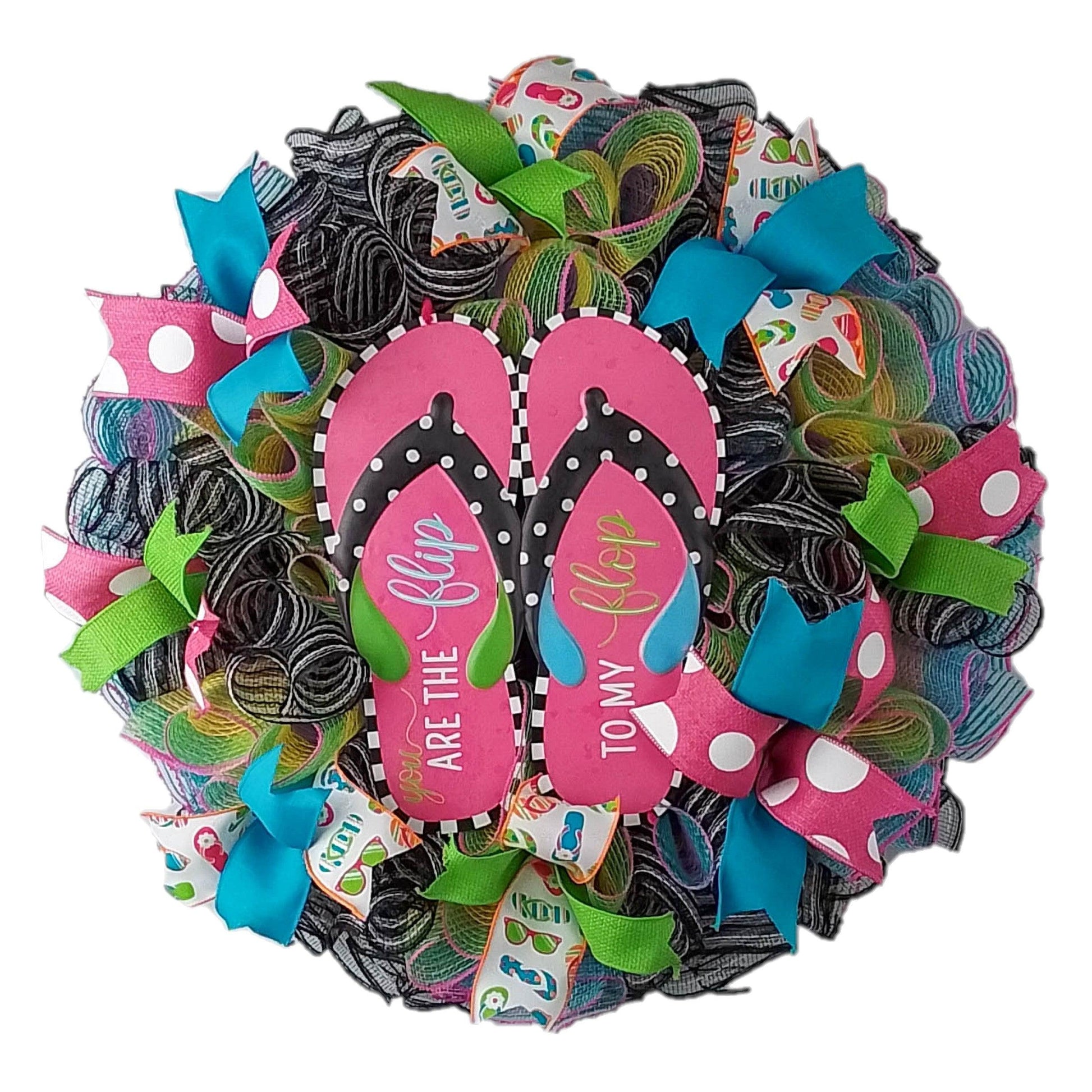 Flip to my Flop Wreath - Summer Spring Front Door Decor - Beach Decoration - Lime Green Pink Turquoise Black - Pink Door Wreaths