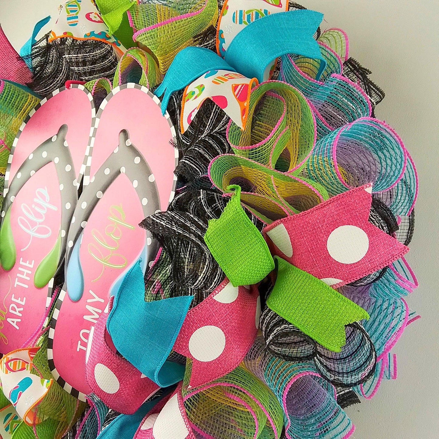 Flip to my Flop Wreath - Summer Spring Front Door Decor - Beach Decoration - Lime Green Pink Turquoise Black - Pink Door Wreaths