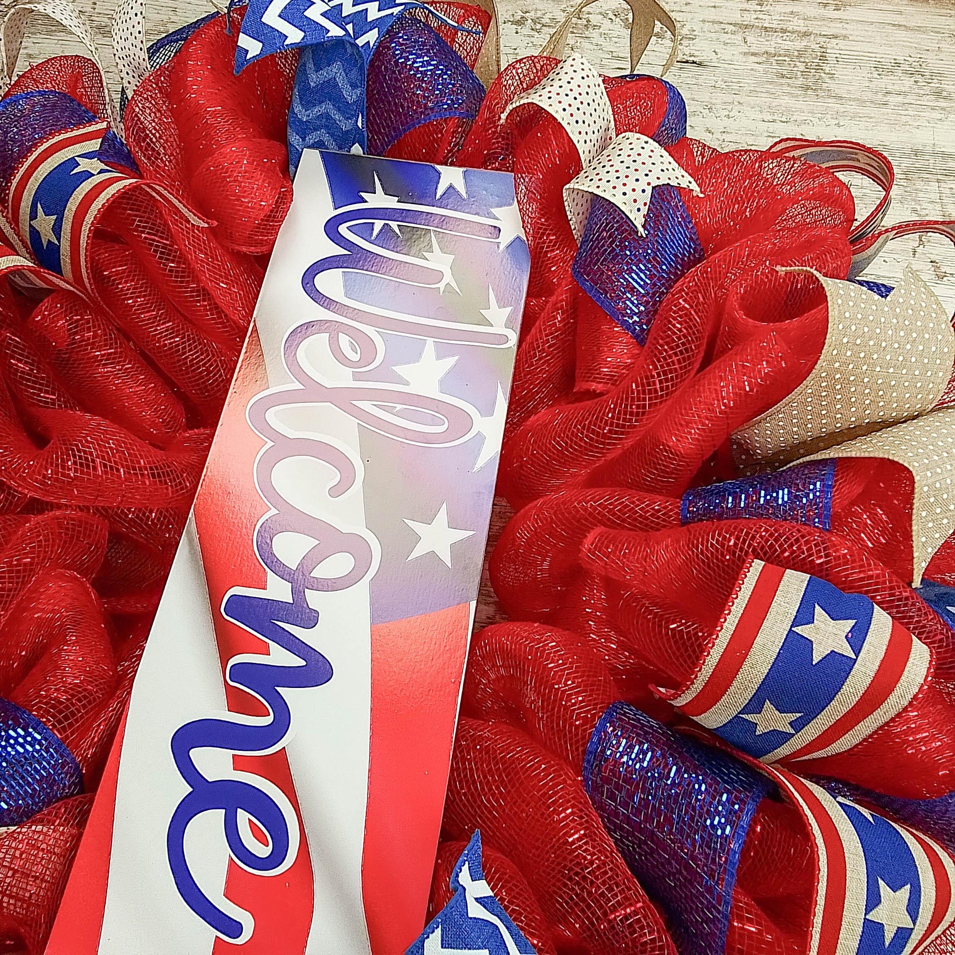 Fourth of July Wreath | USA Wreath | Welcome Mesh Door Wreath | Red White Blue Flag - Pink Door Wreaths