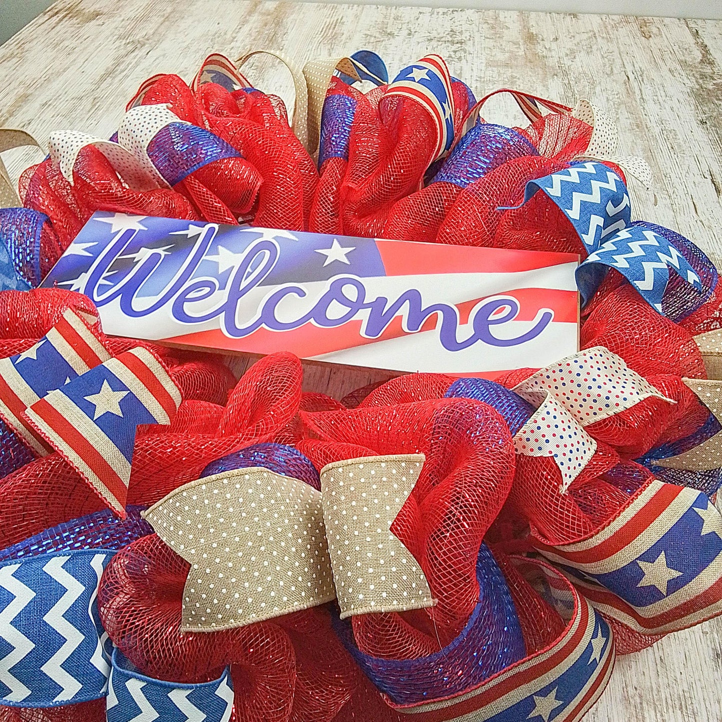 Fourth of July Wreath | USA Wreath | Welcome Mesh Door Wreath | Red White Blue Flag - Pink Door Wreaths