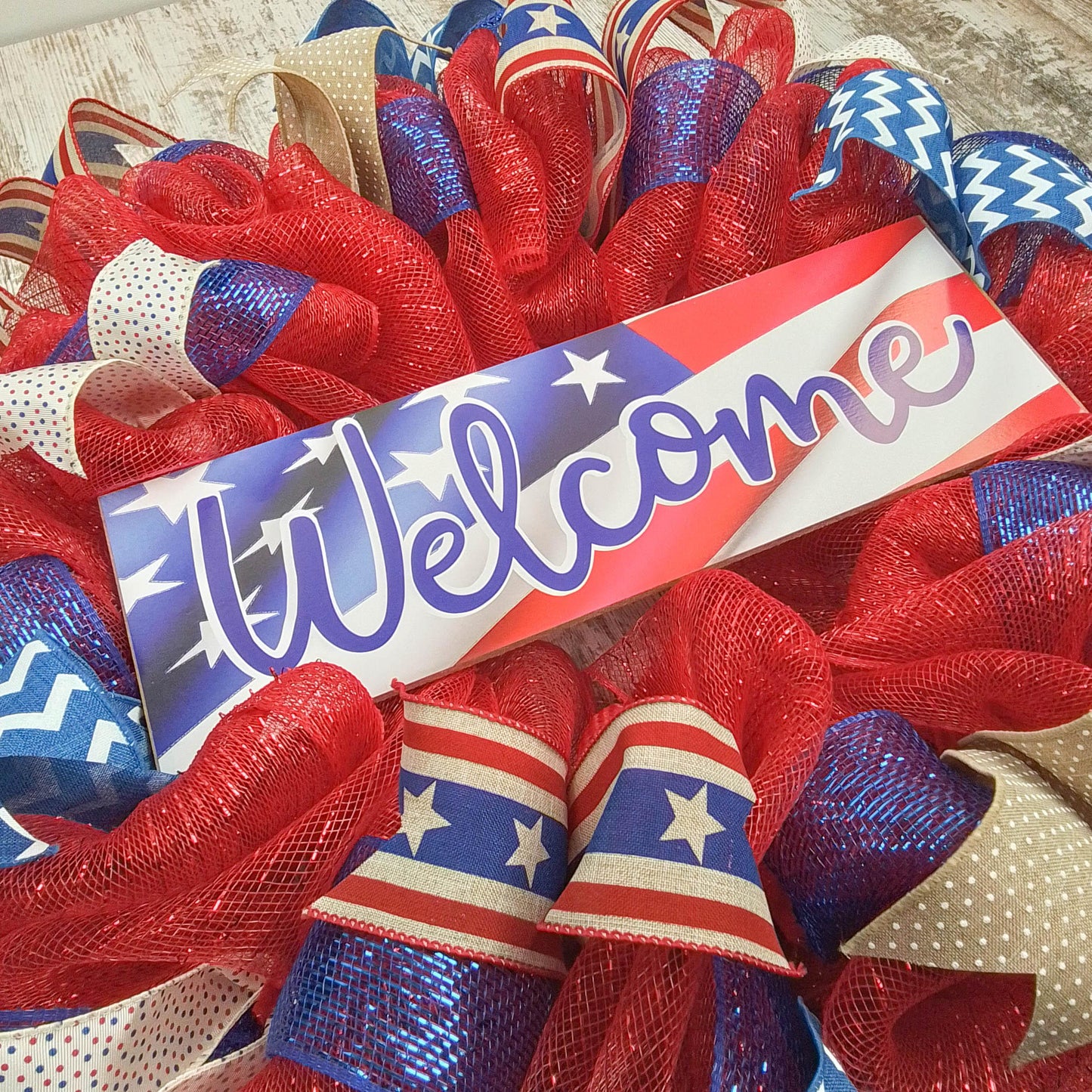 Fourth of July Wreath | USA Wreath | Welcome Mesh Door Wreath | Red White Blue Flag - Pink Door Wreaths