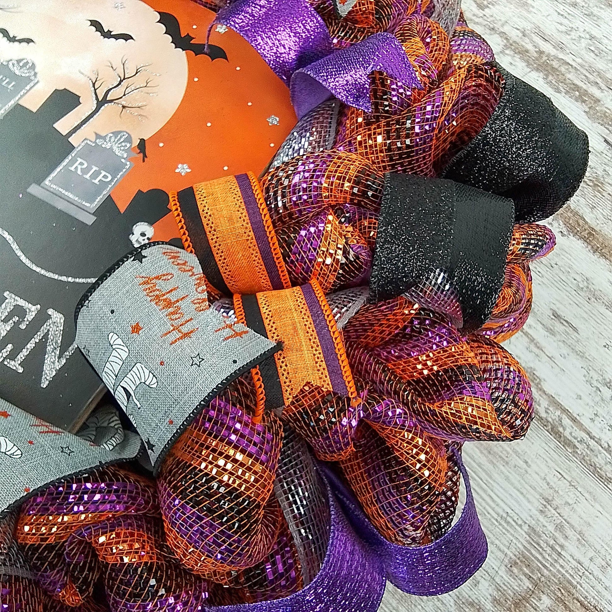 Graveyard Happy Halloween Front Door Mesh Wreaths | Black Orange Purple Silver Wreath - Pink Door Wreaths