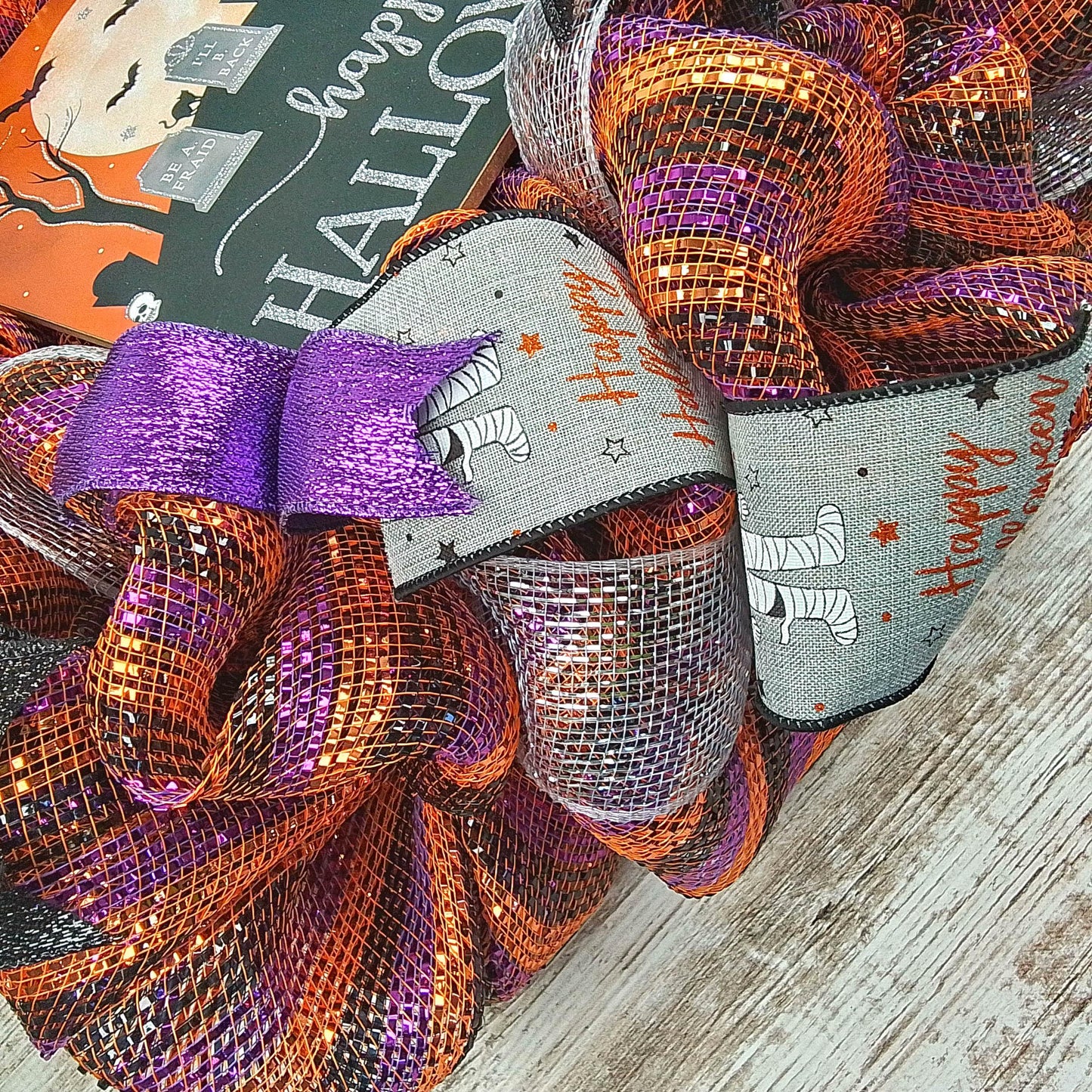 Graveyard Happy Halloween Front Door Mesh Wreaths | Black Orange Purple Silver Wreath - Pink Door Wreaths