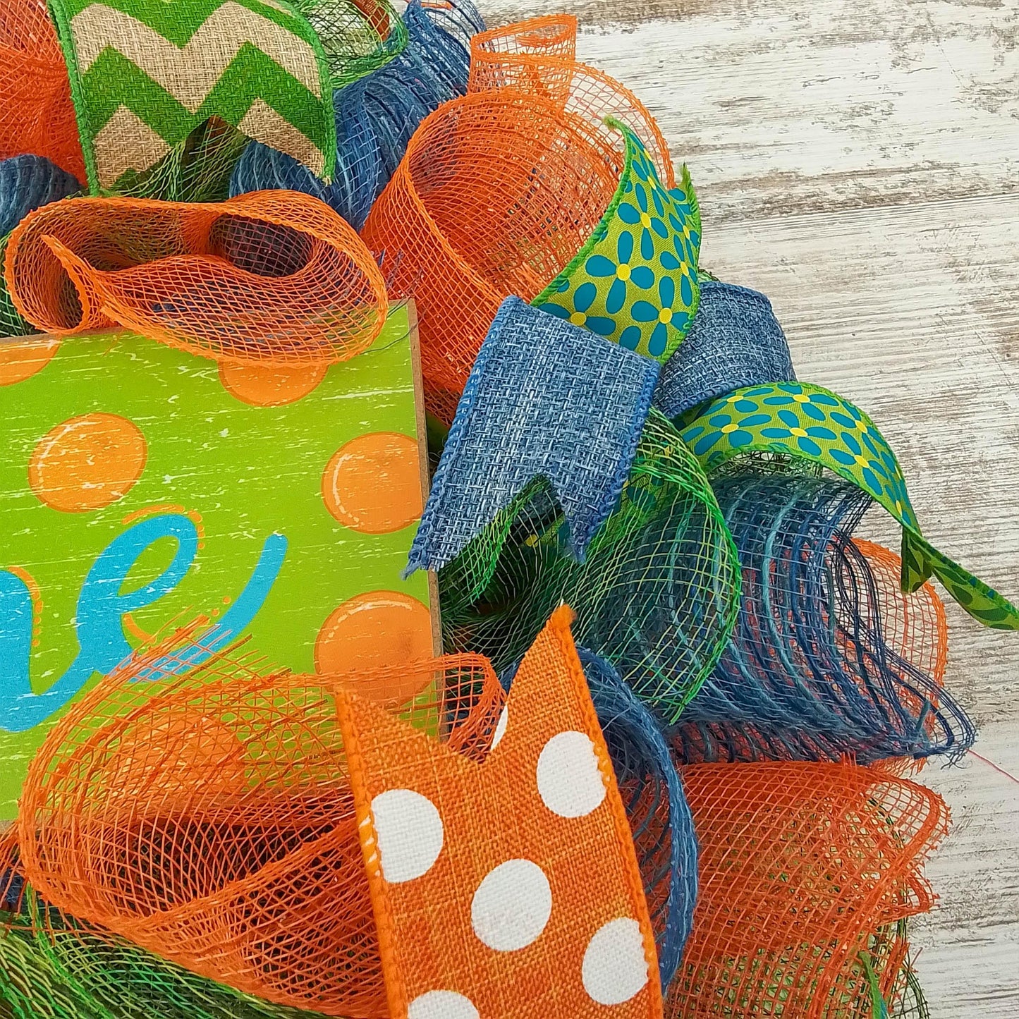 Green Summer Spring Welcome Deco Mesh Wreath | Orange Lime Green Denim Blue Jean Blue - Pink Door Wreaths