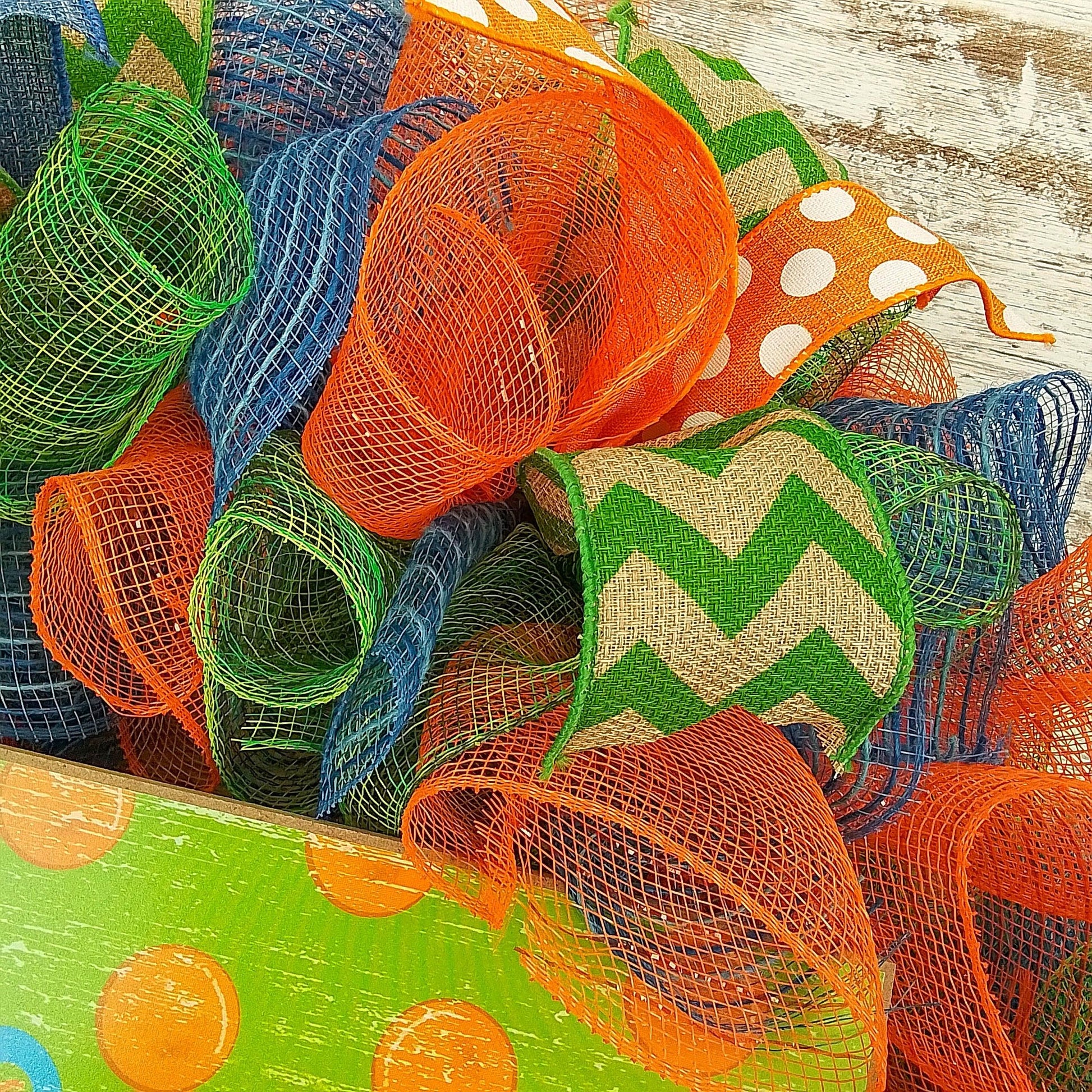 Green Summer Spring Welcome Deco Mesh Wreath | Orange Lime Green Denim Blue Jean Blue - Pink Door Wreaths