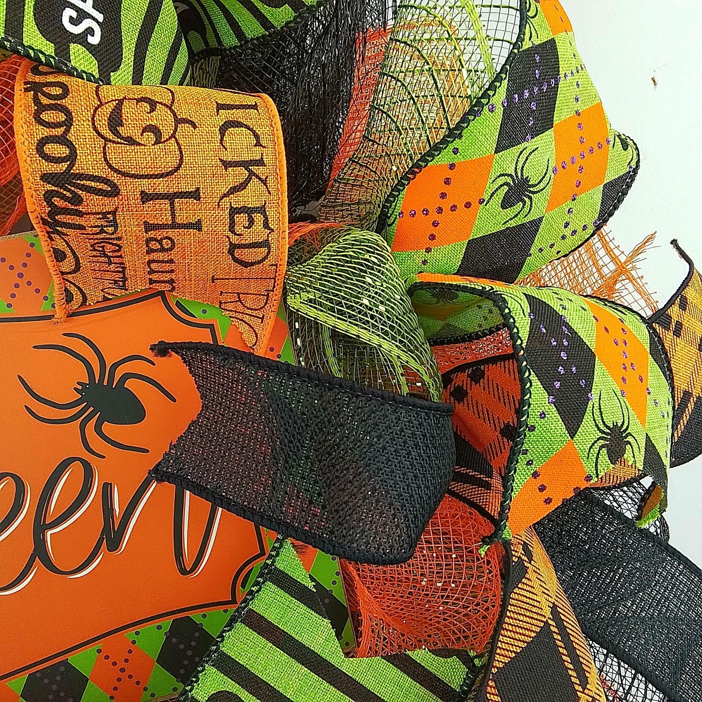 Happy Halloween Wreaths | Mesh Outdoor Front Door Wreath; Black Orange Purple Lime Green… - Pink Door Wreaths