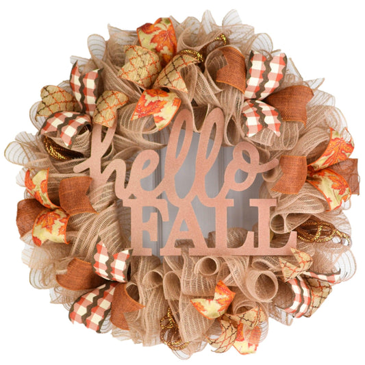 Hello Fall Wreath | Burlap Thanksgiving Wreath | Brown Orange - Pink Door Wreaths