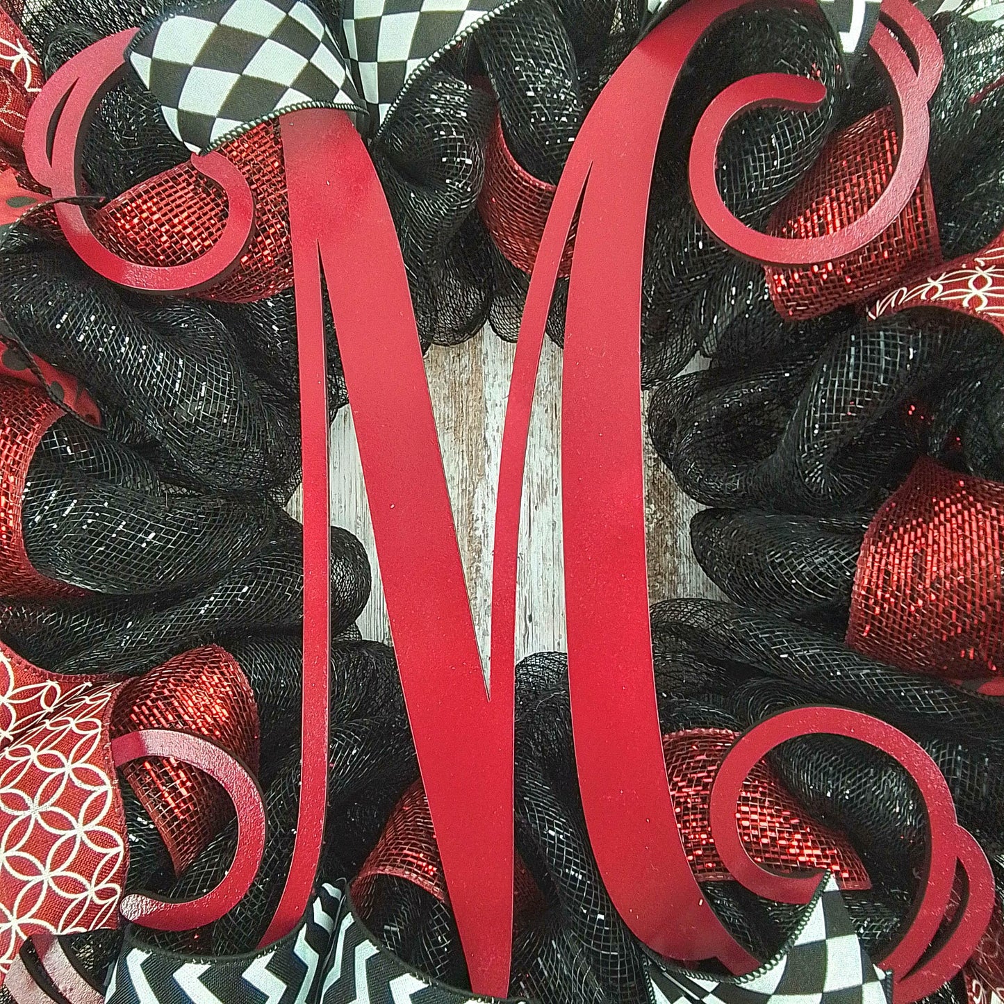 Monogram Everyday Mesh Door Wreath | Black Maroon White - Pink Door Wreaths